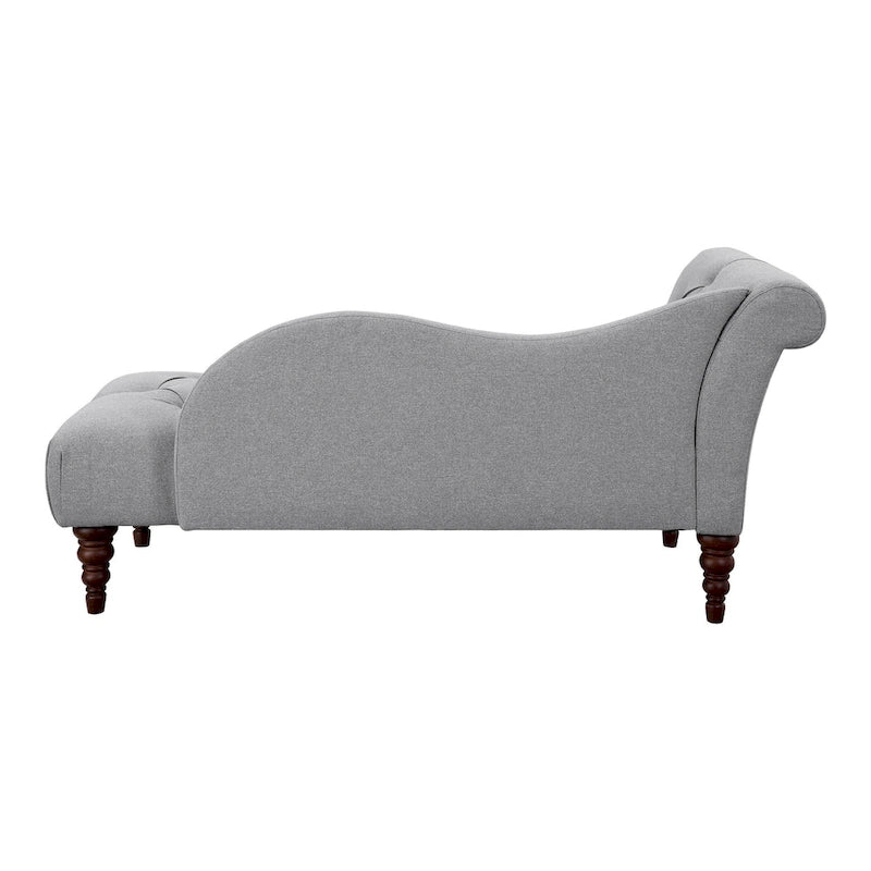 66 Inch Chaise Lounger, Tufted Gray Polyester, Brown Solid Wood
