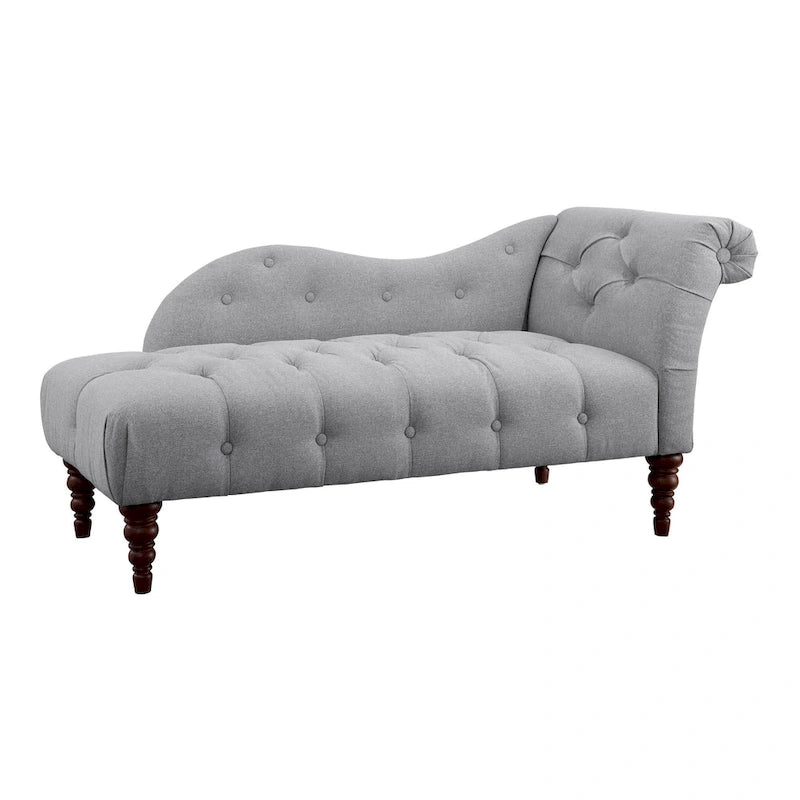 66 Inch Chaise Lounger, Tufted Gray Polyester, Brown Solid Wood