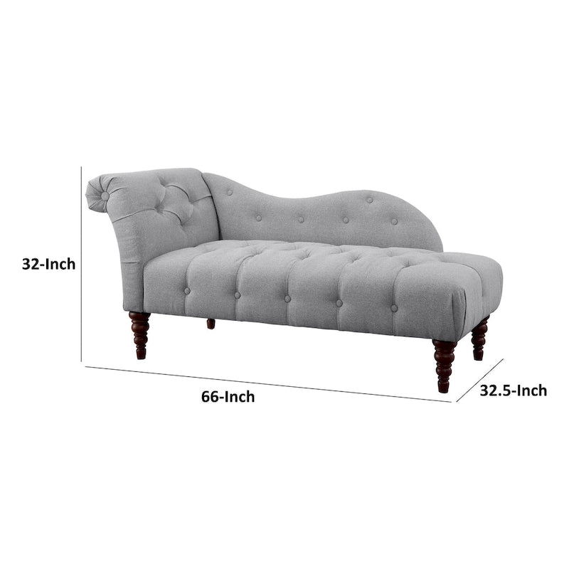 66 Inch Chaise Lounger, Tufted Gray Polyester, Brown Solid Wood