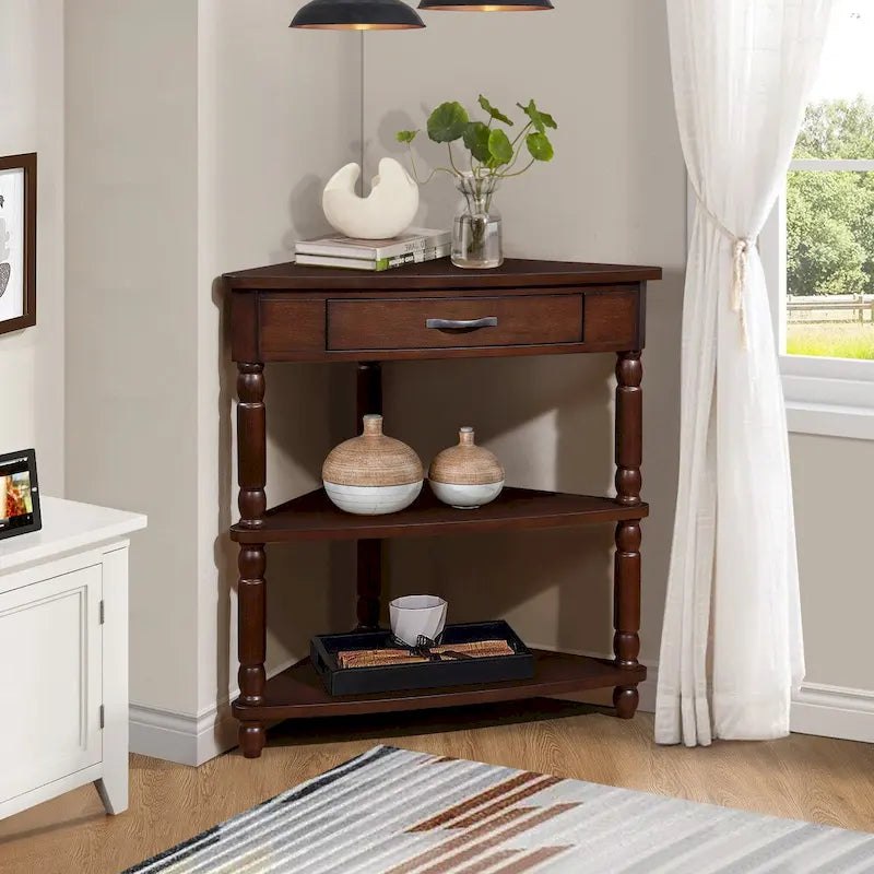 Triangle Corner Table, Wood Side Table for Small Spaces, 3-Tier End Table with Solid Wood Legs