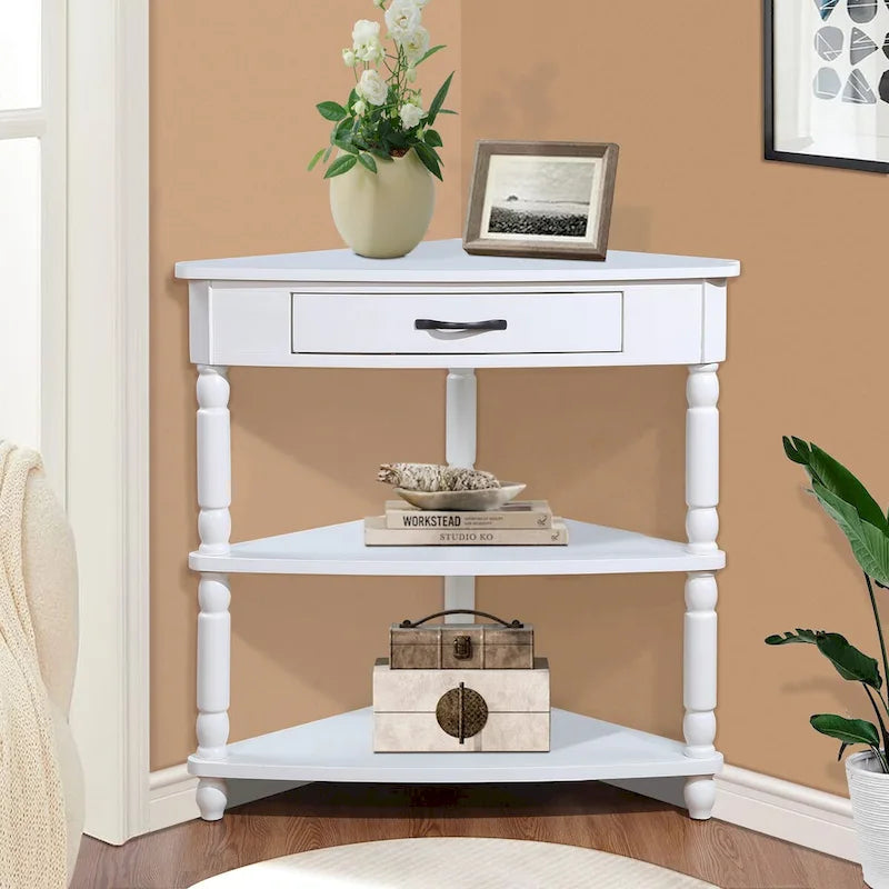 Triangle Corner Table, Wood Side Table for Small Spaces, 3-Tier End Table with Solid Wood Legs