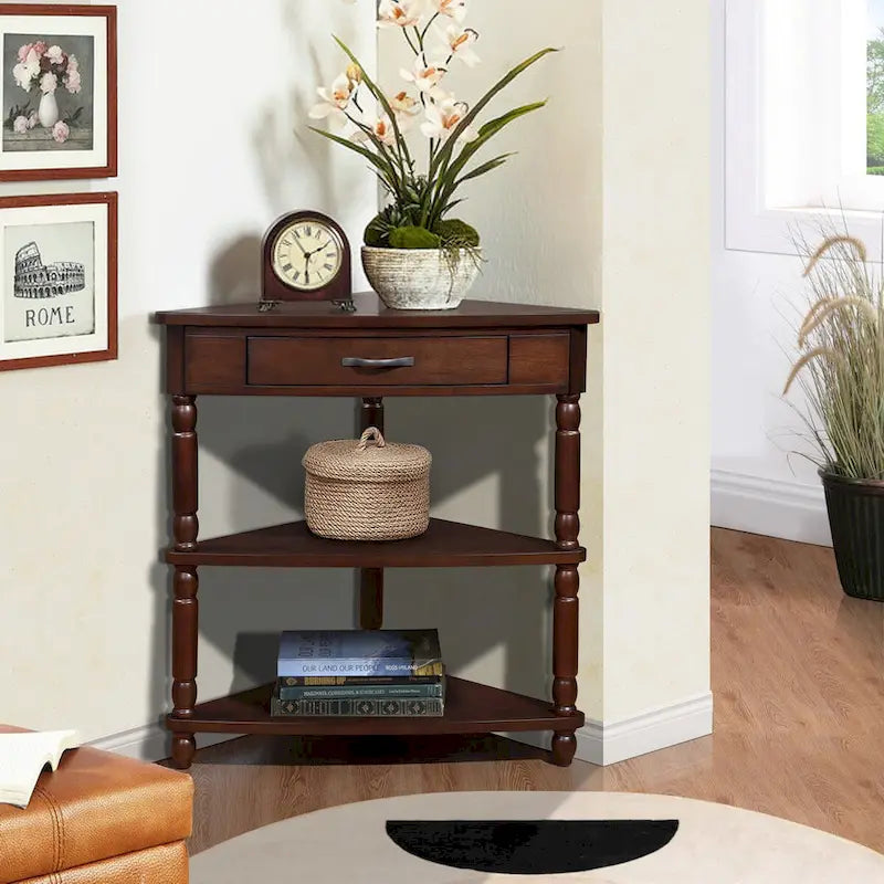 Triangle Corner Table, Wood Side Table for Small Spaces, 3-Tier End Table with Solid Wood Legs