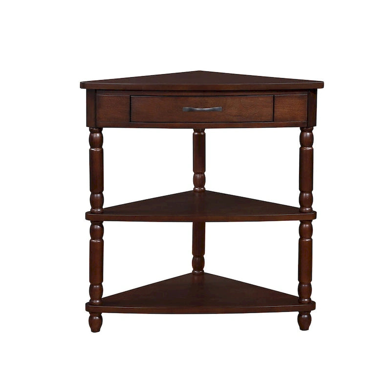 Triangle Corner Table, Wood Side Table for Small Spaces, 3-Tier End Table with Solid Wood Legs