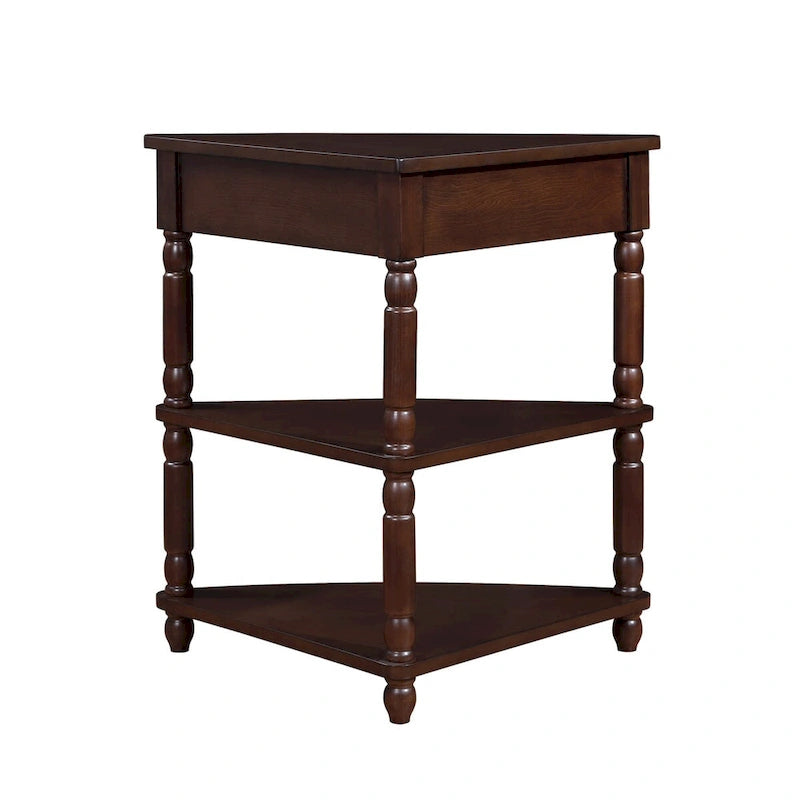 Triangle Corner Table, Wood Side Table for Small Spaces, 3-Tier End Table with Solid Wood Legs