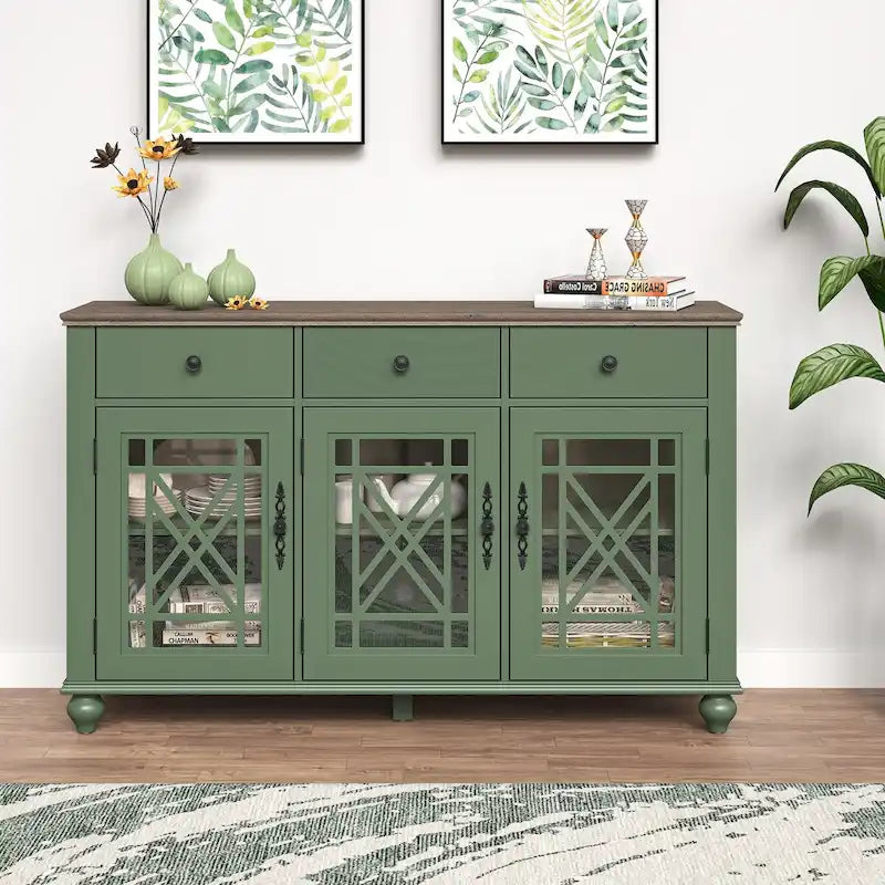 55" Vintage Buffet Sideboard Cabinet with Drawers & Glass Doors