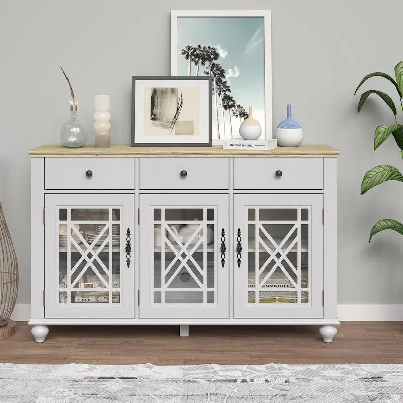 Bahut/Buffet Vintage 55 po avec tiroirs et portes vitrées