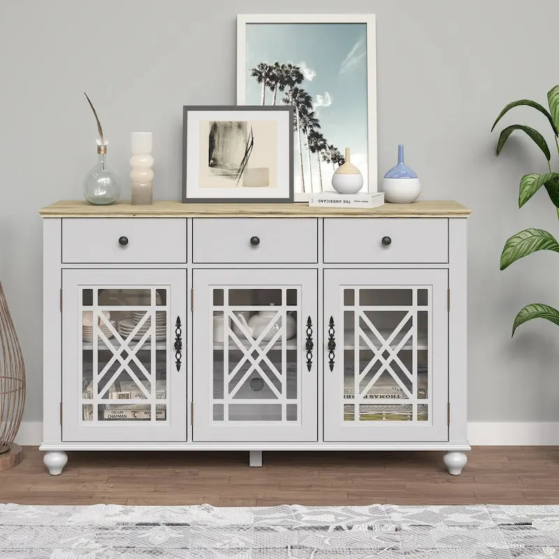 55" Vintage Buffet Sideboard Cabinet with Drawers & Glass Doors