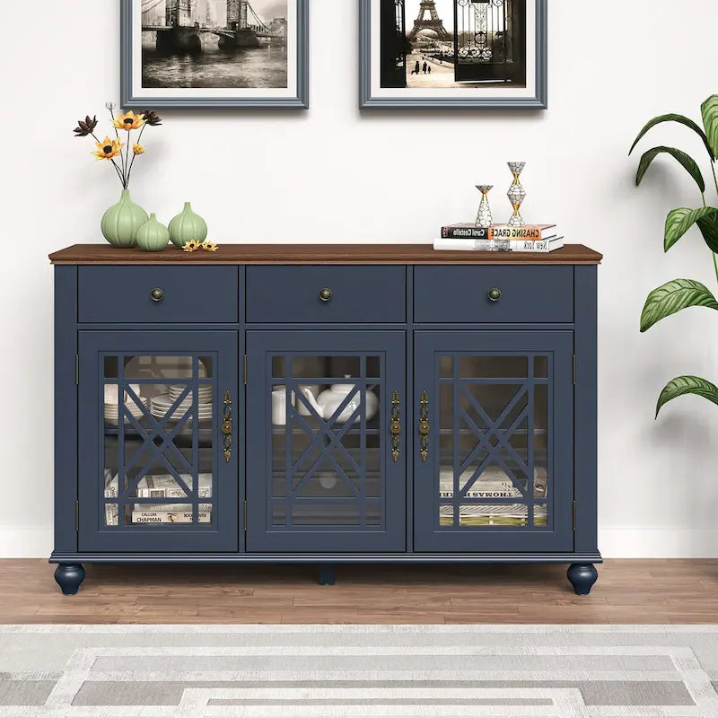 55" Vintage Buffet Sideboard Cabinet with Drawers & Glass Doors