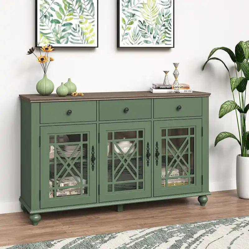 55" Vintage Buffet Sideboard Cabinet with Drawers & Glass Doors