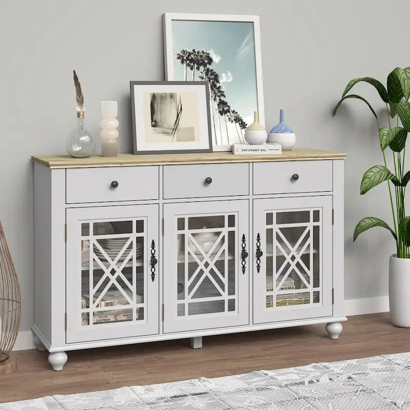 55" Vintage Buffet Sideboard Cabinet with Drawers & Glass Doors