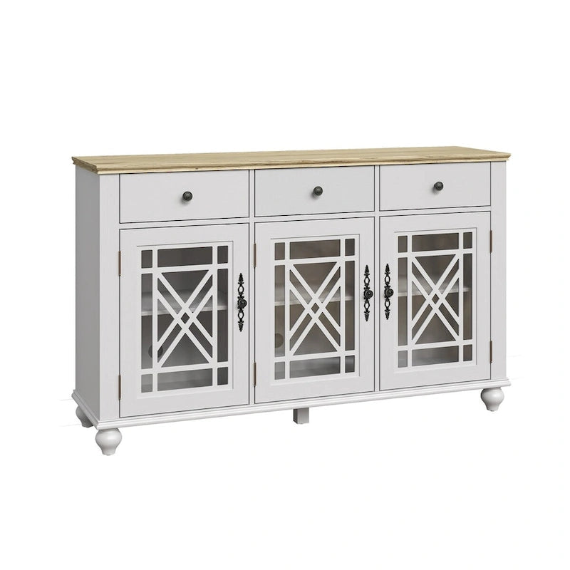 55" Vintage Buffet Sideboard Cabinet with Drawers & Glass Doors
