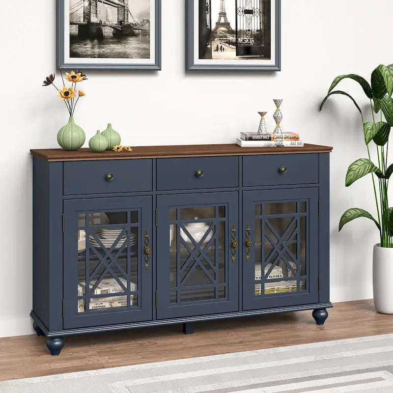 55" Vintage Buffet Sideboard Cabinet with Drawers & Glass Doors